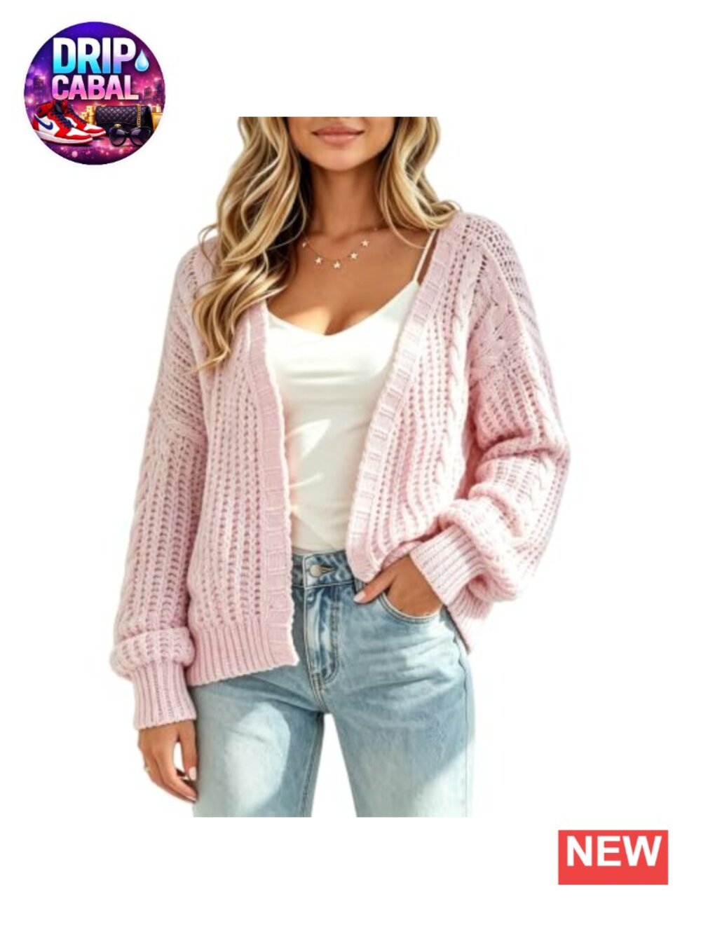 Chunky Cable Knit Open Front Cardigan Long Sleeve Cropped Lightweight Acrylic